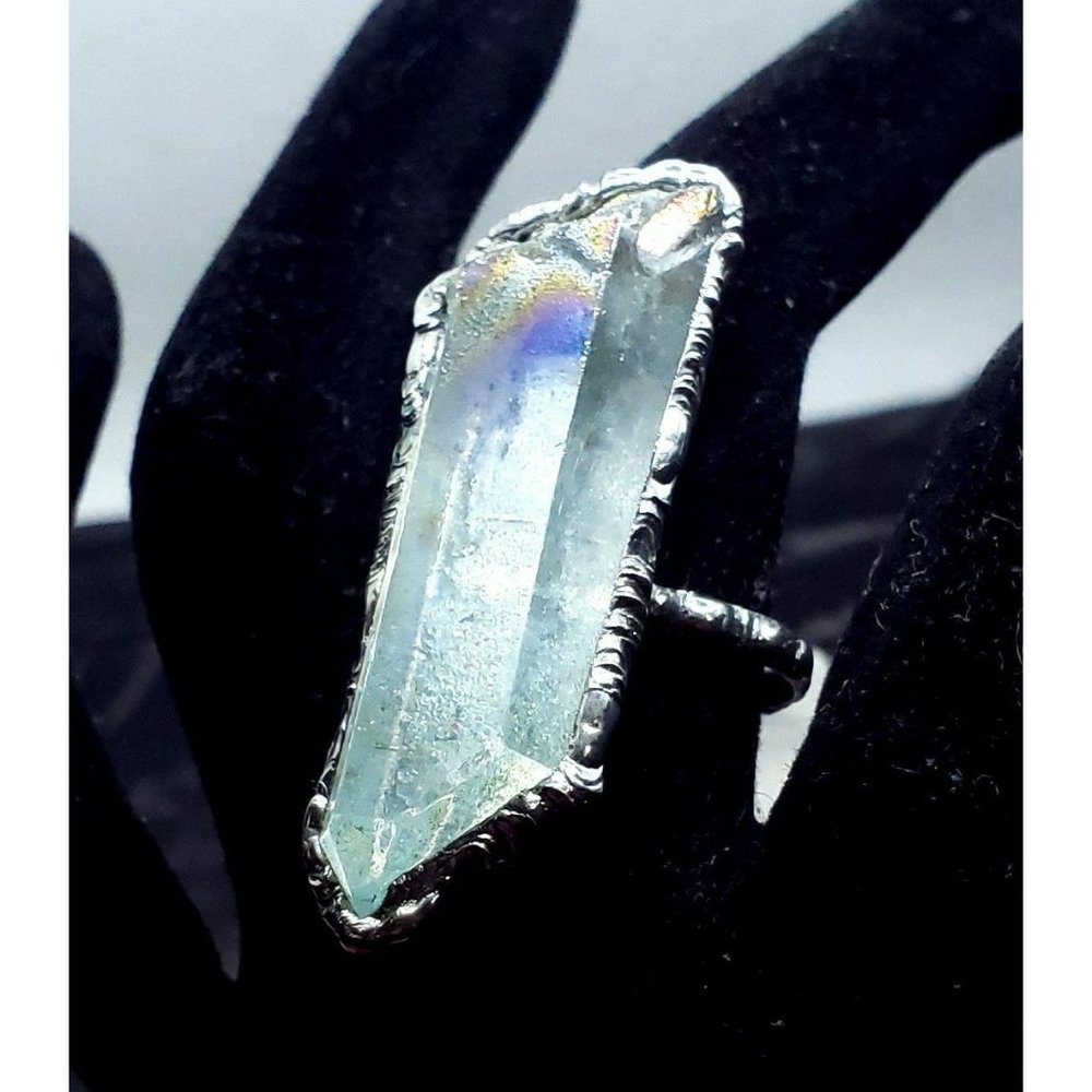 Blue Aura Quartz Crystal Statement Ring Goth Silv… - image 5